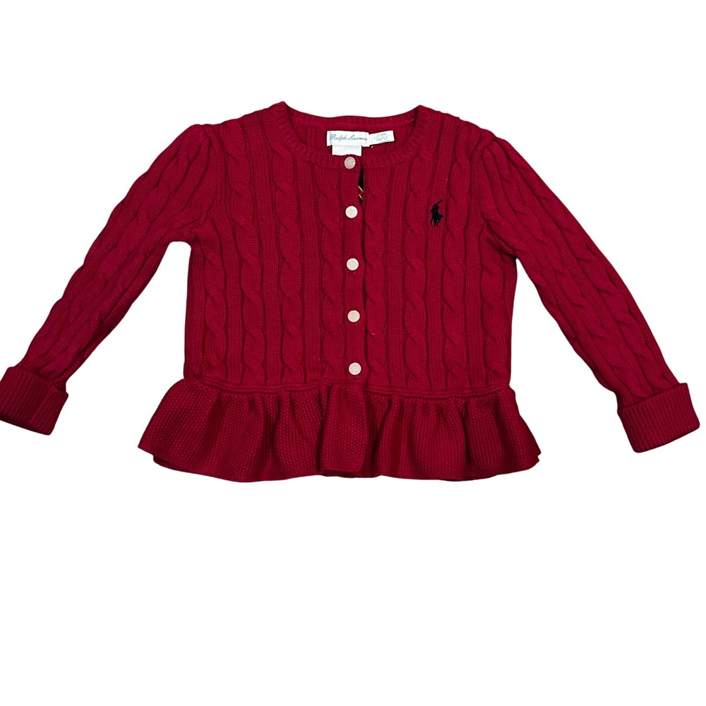 Ralph Lauren Toddler Girls Pink Cable Knit Peplum Cardigan Sweater 24M Preppy